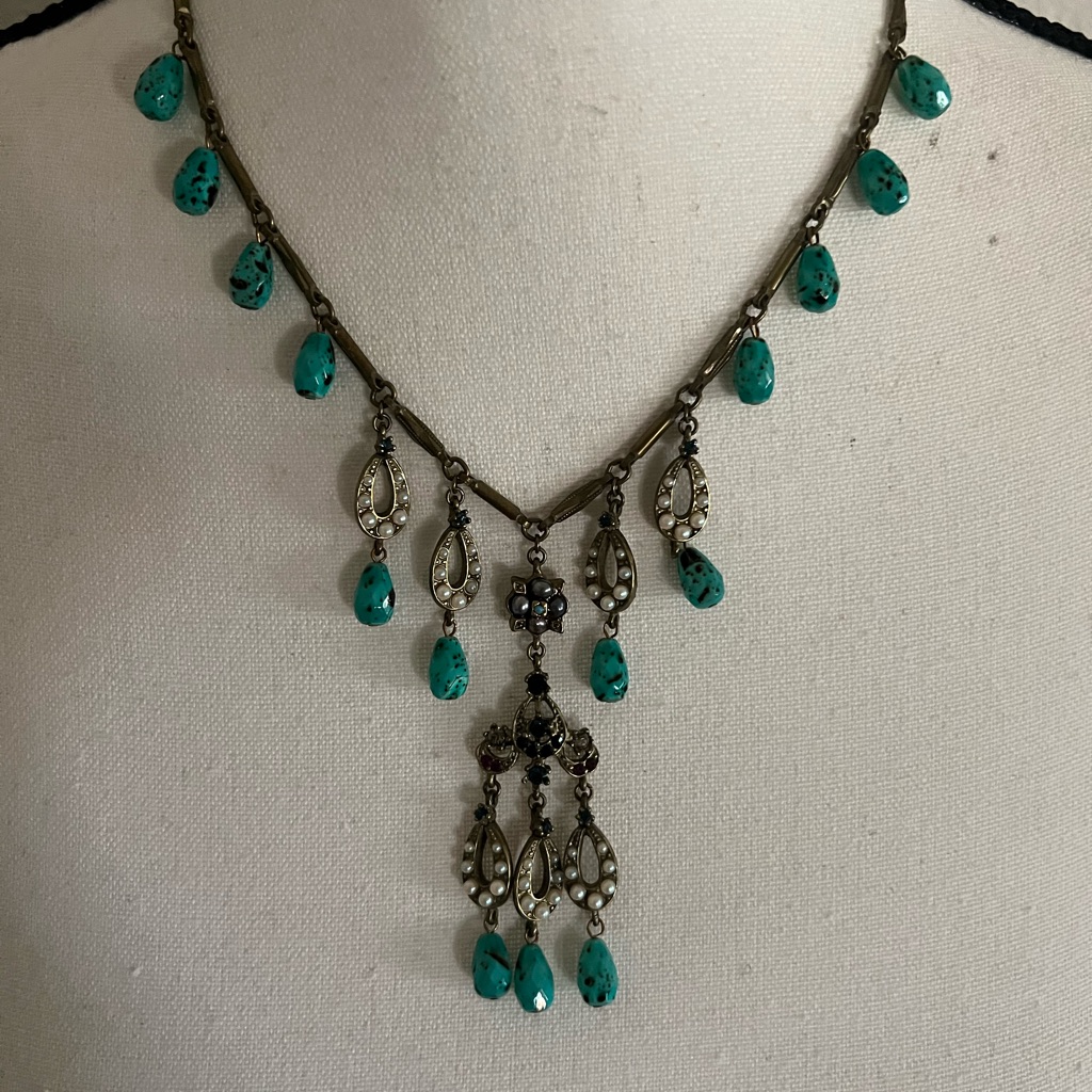 Yosca Brass Tone Turquoise Drop Necklace!